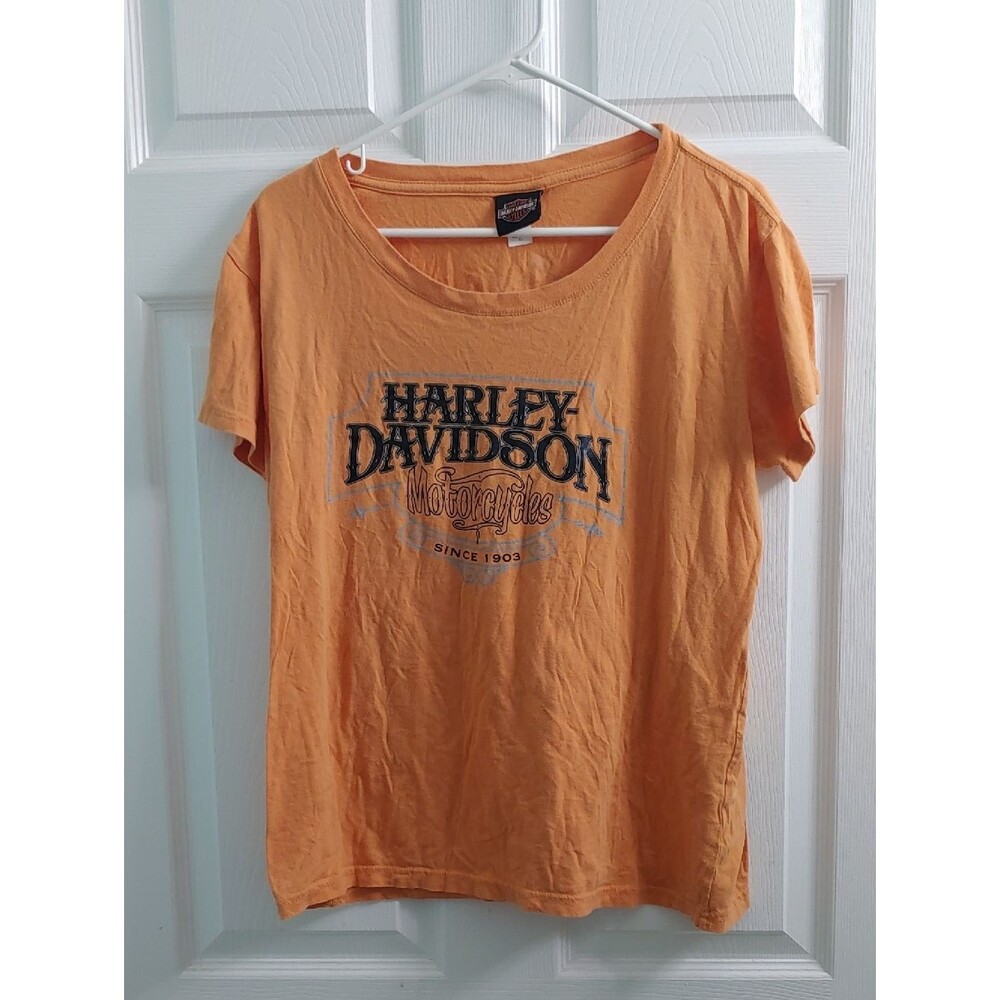 Harley Davidson Women's T Shirt Tattoo Floral Orange Biker Y2K Tee Size XL